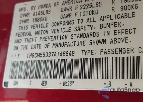 2007 Honda Accord 2.4 Se из США, поврежденный, VIN 1HGCM55337A148649